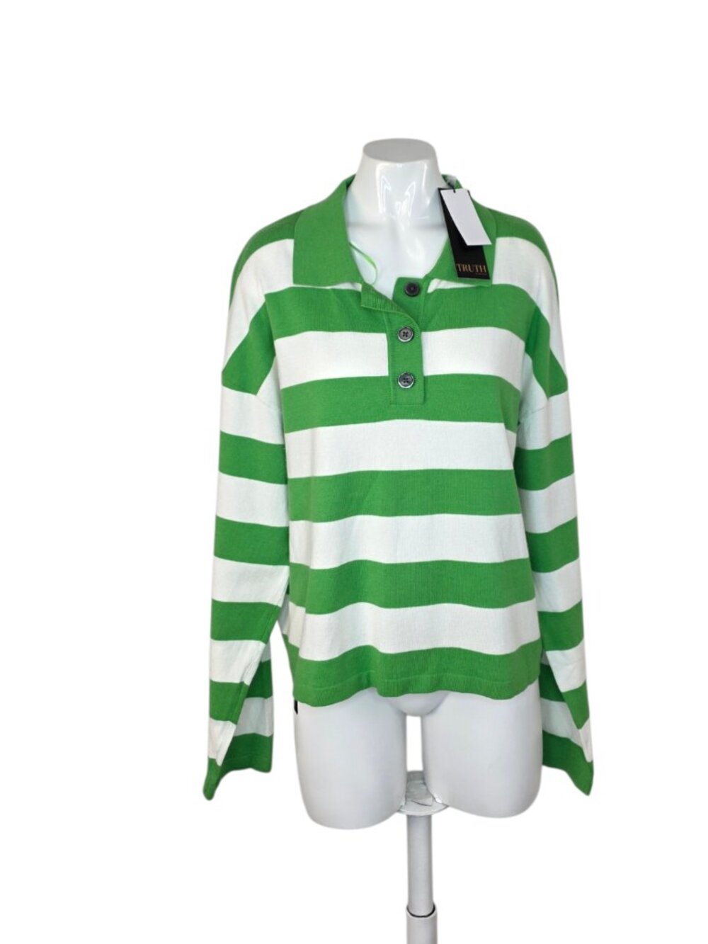 TRUTH by Republic Long Sleeve Polo, Henley, Green White, Striped, Size XL